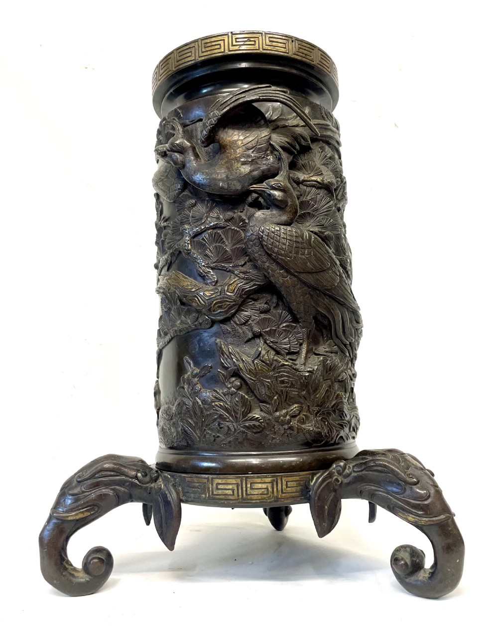 Antique Japanese Meiji Bronze Vase & Stand with Birds & Elephants : 18