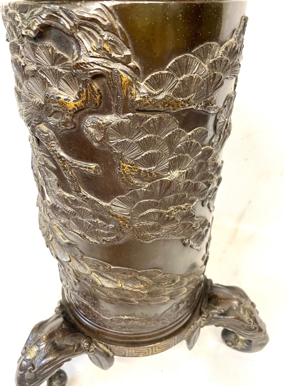 Antique Japanese Meiji Bronze Vase & Stand with Birds & Elephants : 18