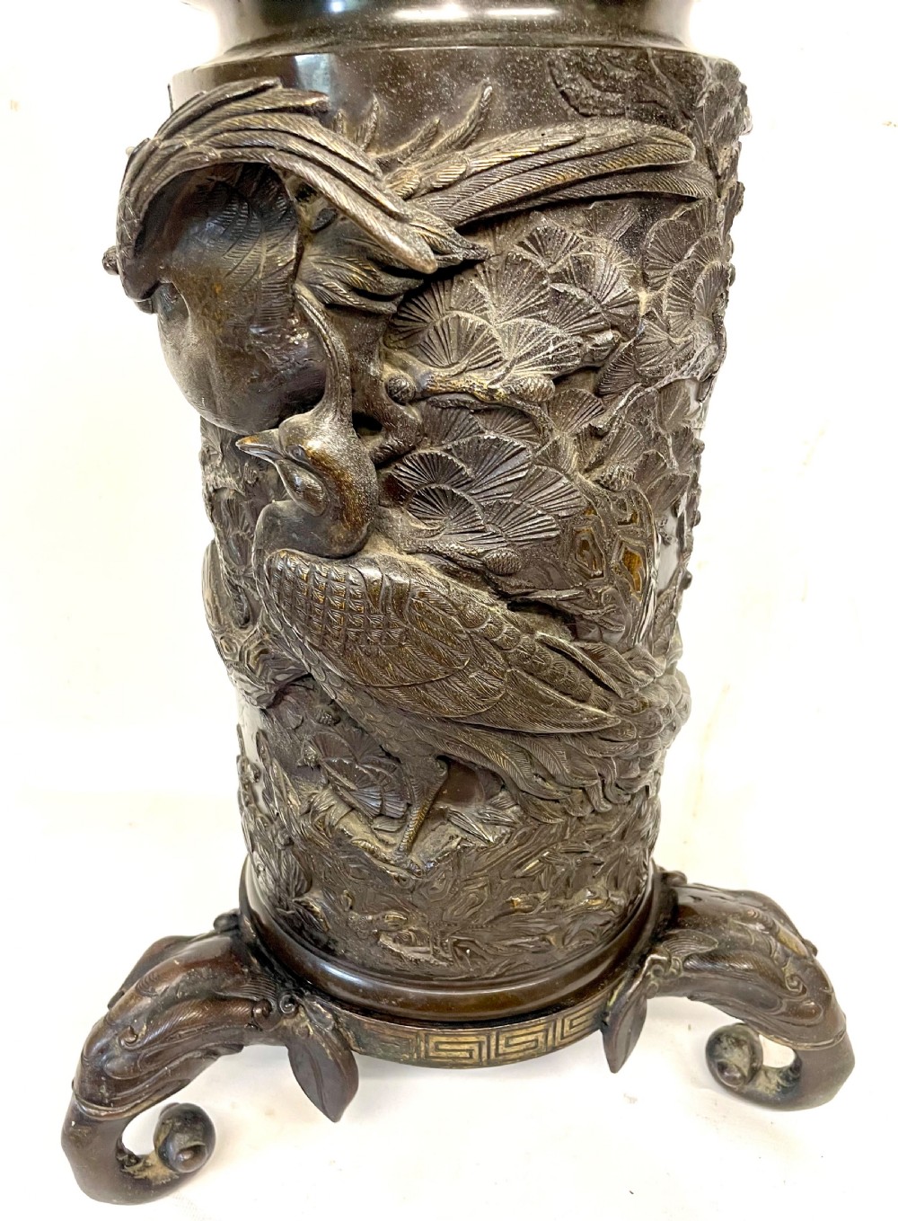 Antique Japanese Meiji Bronze Vase & Stand with Birds & Elephants : 18