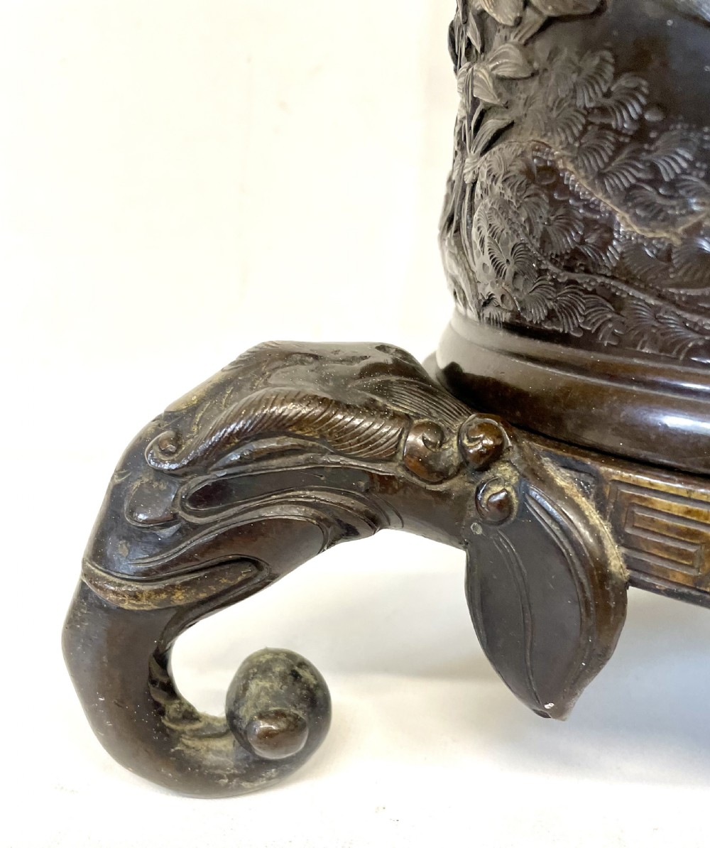 Antique Japanese Meiji Bronze Vase & Stand with Birds & Elephants : 18