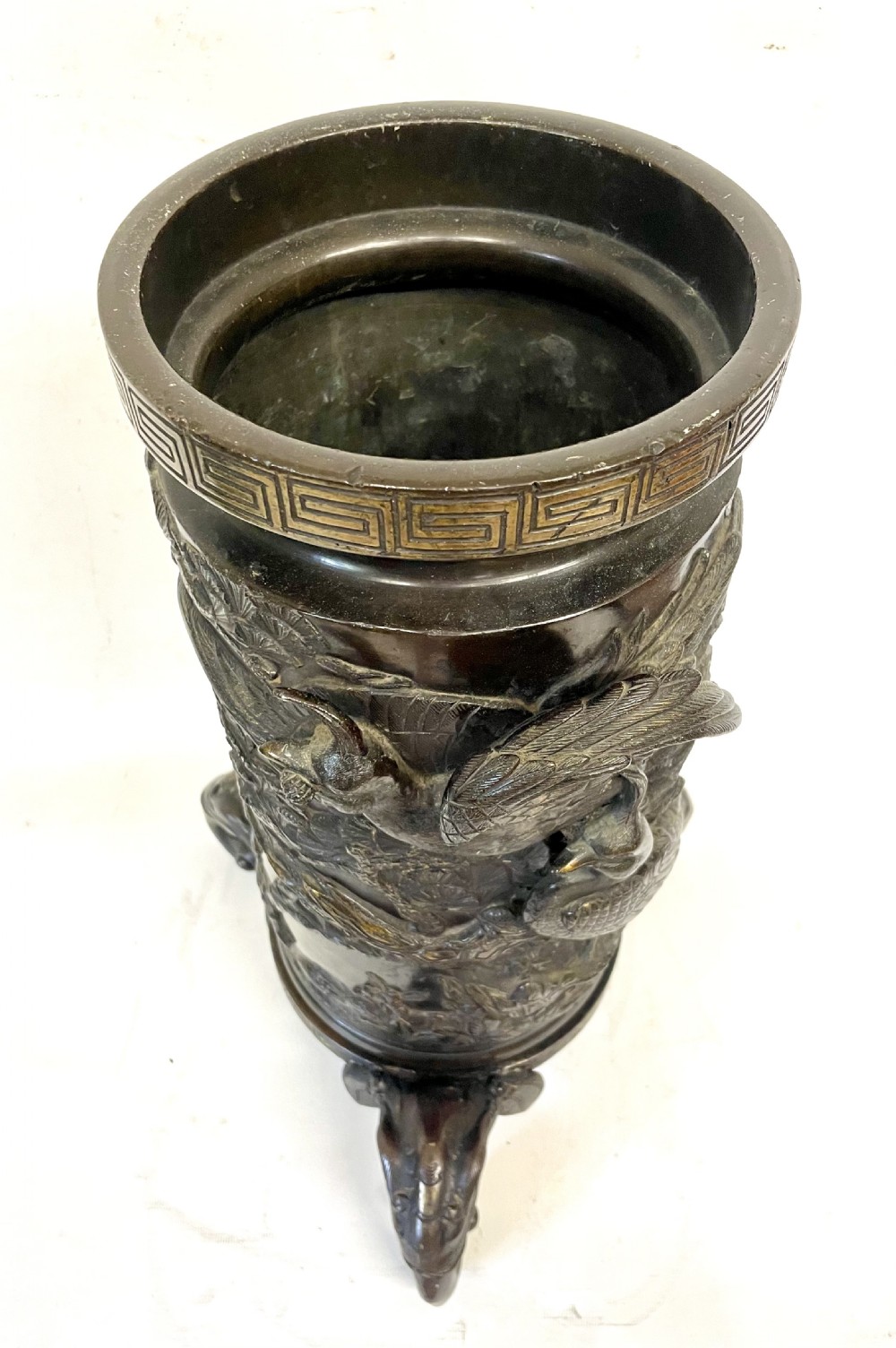 Antique Japanese Meiji Bronze Vase & Stand with Birds & Elephants : 18