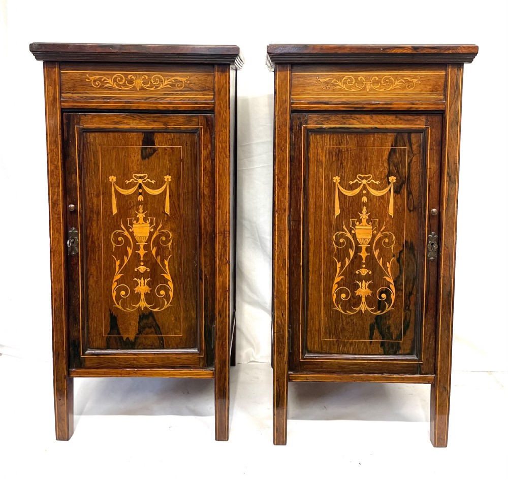 Pair Antique Inlaid Rosewood Bedside Cabinets Pot Cupboards Lamp Stands