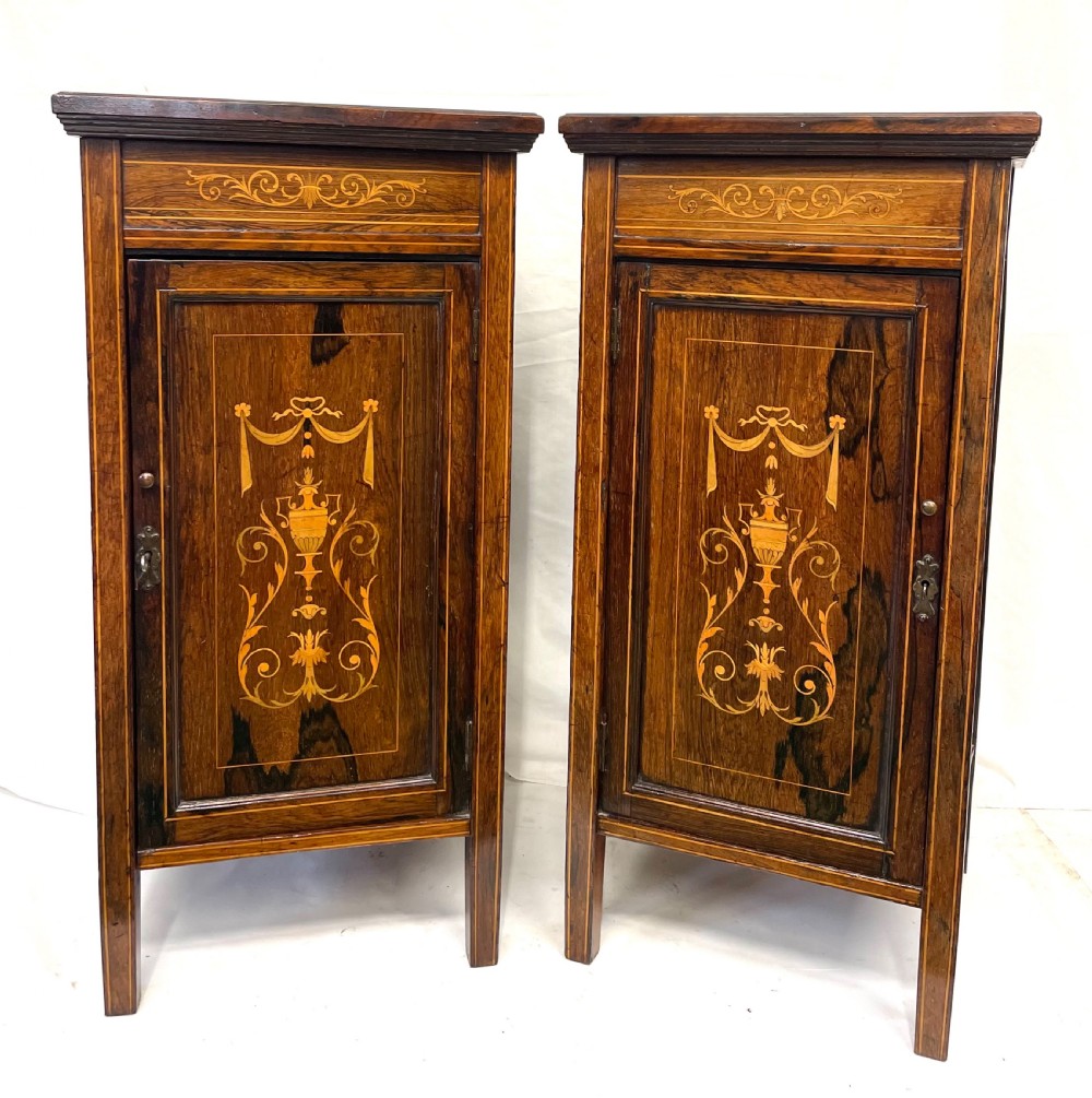 Pair Antique Inlaid Rosewood Bedside Cabinets Pot Cupboards Lamp Stands View III