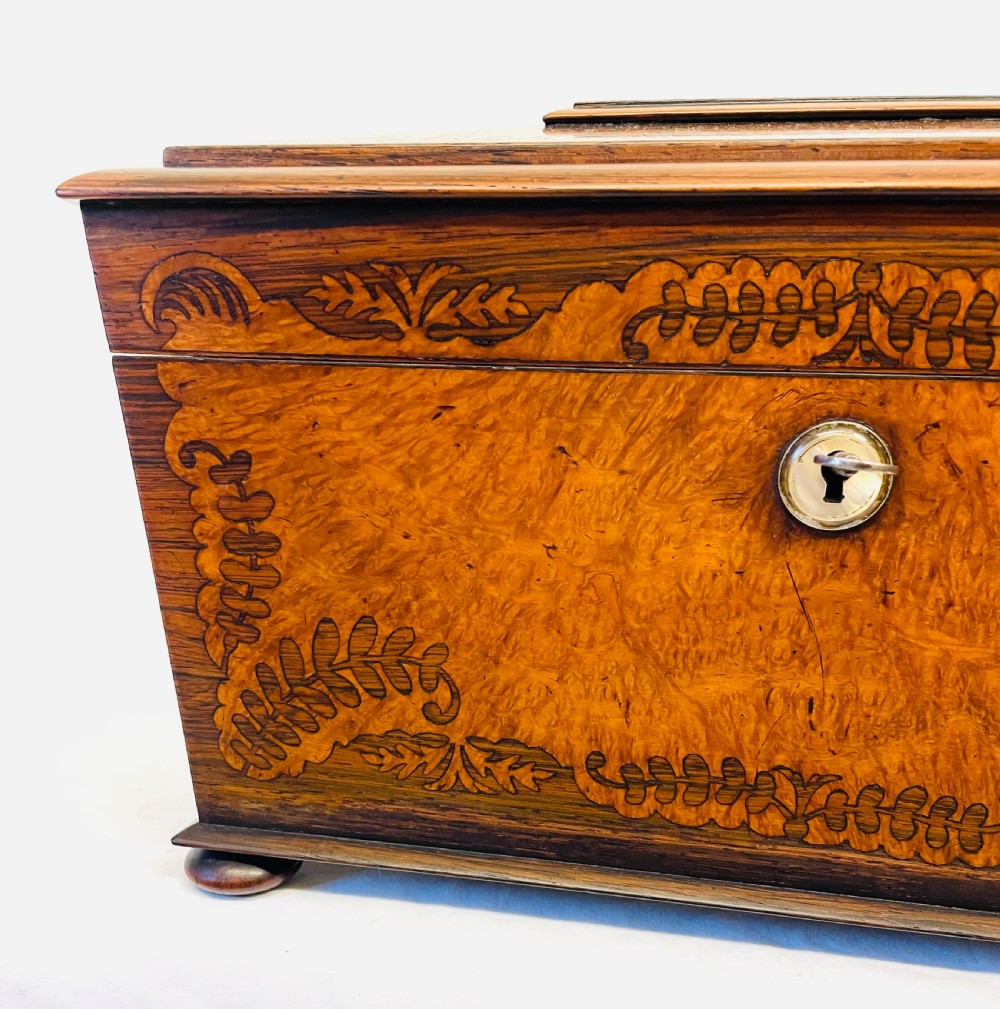 A George IV sarcophagus-shaped wooden tea caddy featuring amboyna veneers, intricate marquetry foliate inlay, a central escutcheon with key, and stepped lid construction. View III