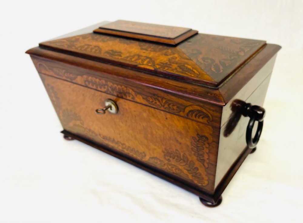 A George IV sarcophagus-shaped wooden tea caddy featuring amboyna veneers, intricate marquetry foliate inlay, a central escutcheon with key, and stepped lid construction. View IX