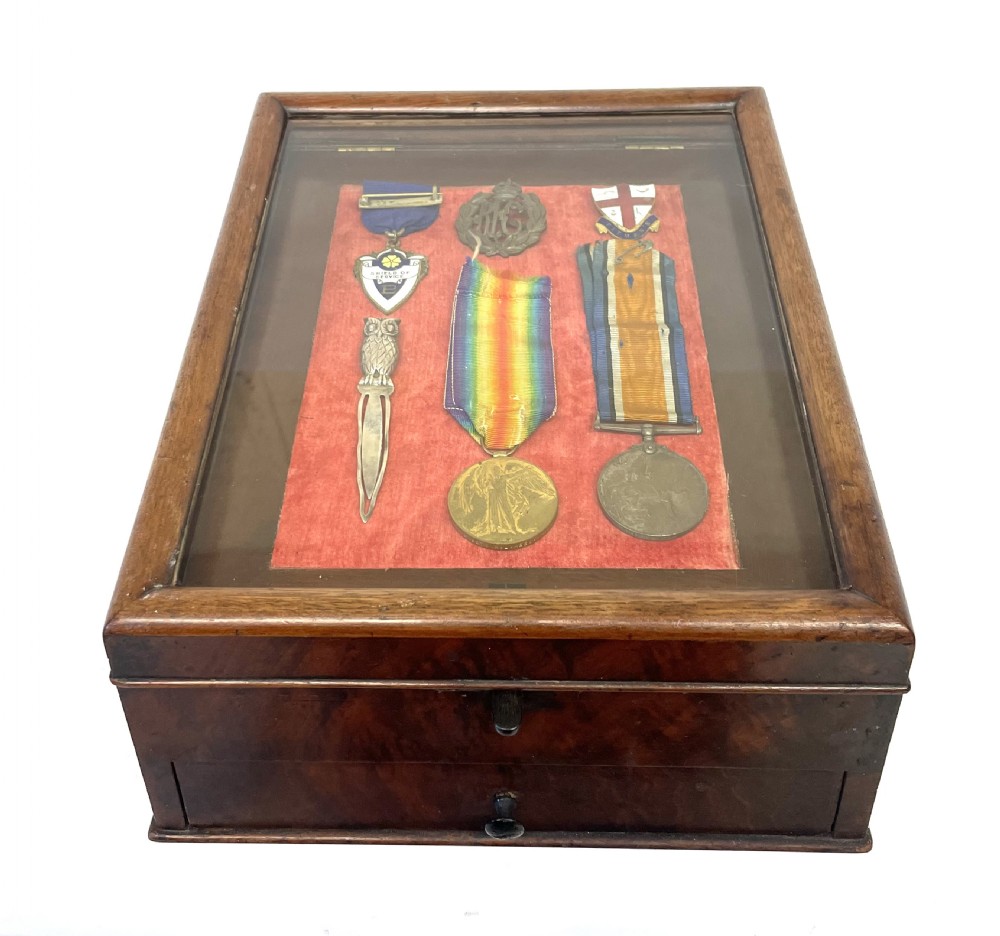 Antique Mahogany Glass Display Cabinet Case Collectibles Coins Medals View II