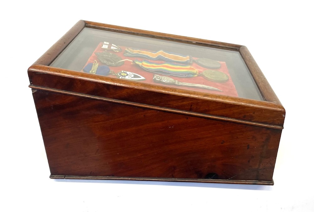 Antique Mahogany Glass Display Cabinet Case Collectibles Coins Medals View VII