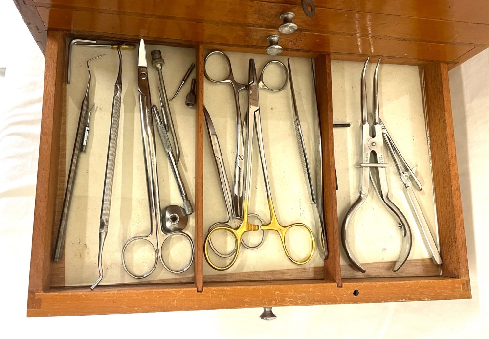 A rectangular wooden portable dental cabinet with six graduated drawers, silver-coloured metal pull knobs, a metal keyhole escutcheon, and a top carrying handle. View XV