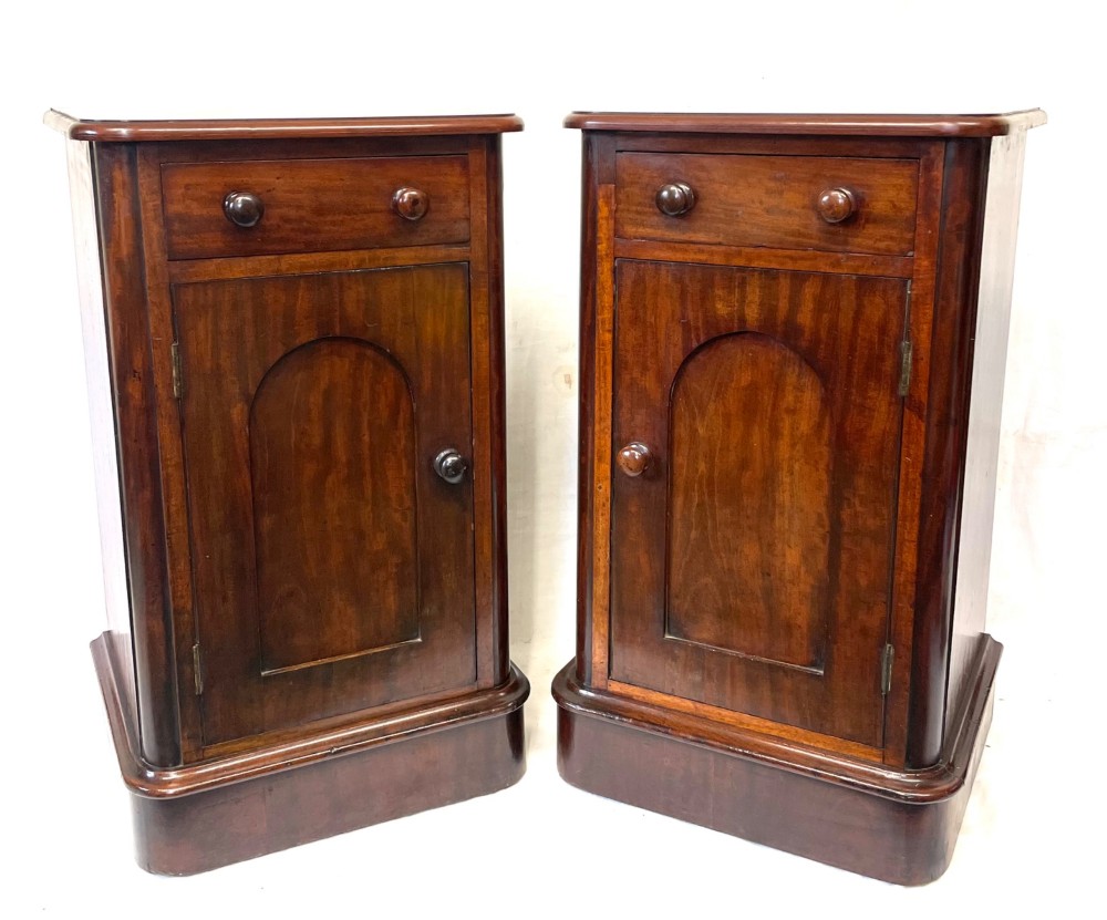 A matching pair of dark mahogany bedside cabinets featuring a top drawer with turned wooden knobs above a recessed arched panel cupboard door set on a plinth base. View III