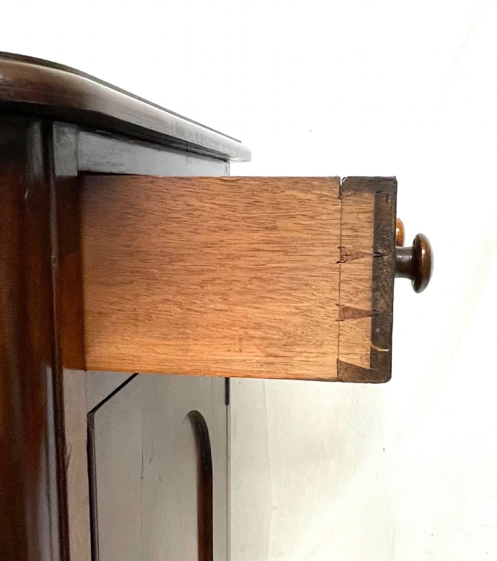 A matching pair of dark mahogany bedside cabinets featuring a top drawer with turned wooden knobs above a recessed arched panel cupboard door set on a plinth base. View XIII