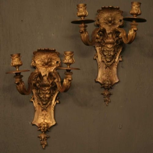 French Brass Satyr Mask Wall Lights
