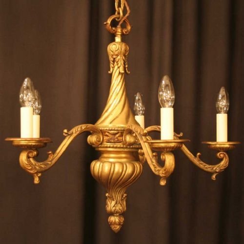 French Gilded Cast Brass 5 Light Chandelier