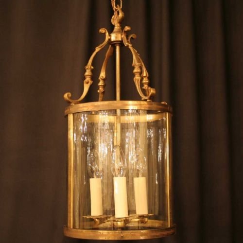 French Pair of Brass Triple Light Hall Lantern