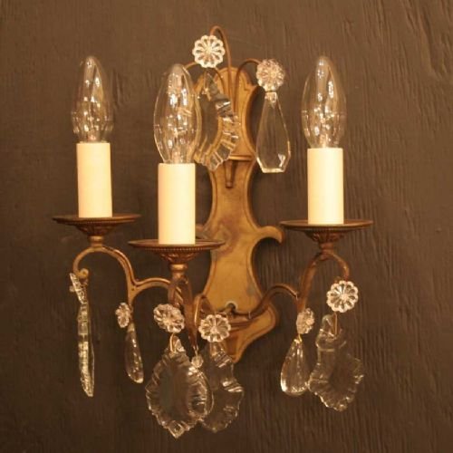 French Pair of Triple Light Gilded Wall Sconces