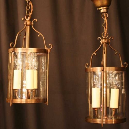French Pair of Brass Triple Light Hall Lanterns