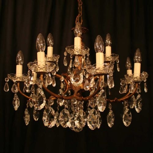 Italian Pair of Gilded 12 Light Chandeliers
