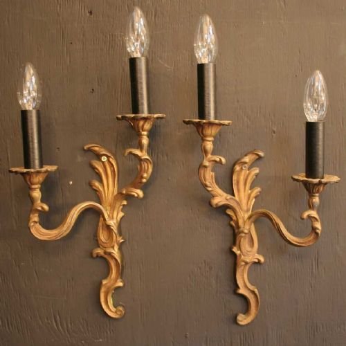 French Pair Gilded Brass Wall Lights
