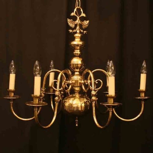 Flemish Pair of 6 Light Brass Chandeliers