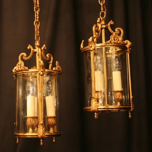 French Pair Triple Light Rococo Hall Lanterns