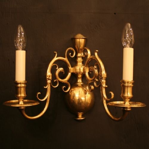 Flemish Pair of Cast Brass Twin Arm Wall Lights
