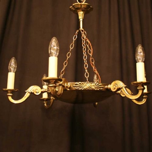 English Pair of Six Light Brass Chandeliers