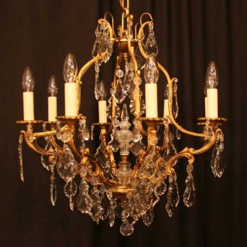 French Pair of Gilded 8 Light Chandeliers