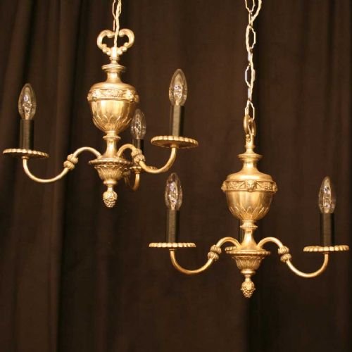 English Silver Pair of Triple Light Chandeliers
