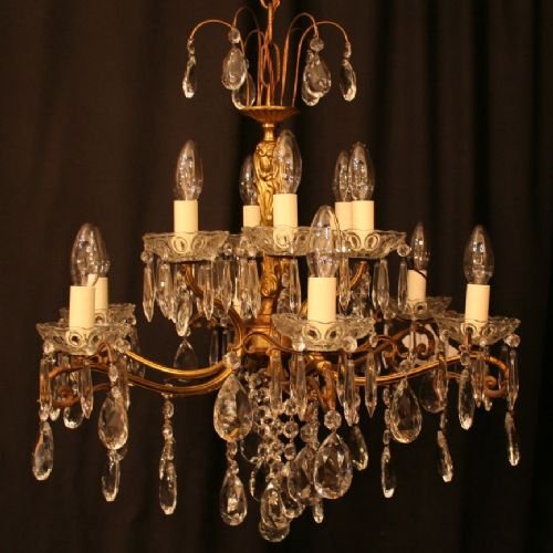 French Gilded 12 Light Double Tiered Chandelier