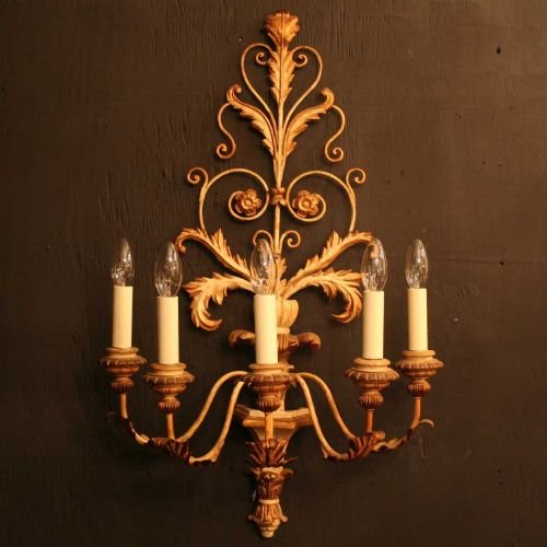 Italian Pair of Gilt & Painted 5 Arm Wall Lights
