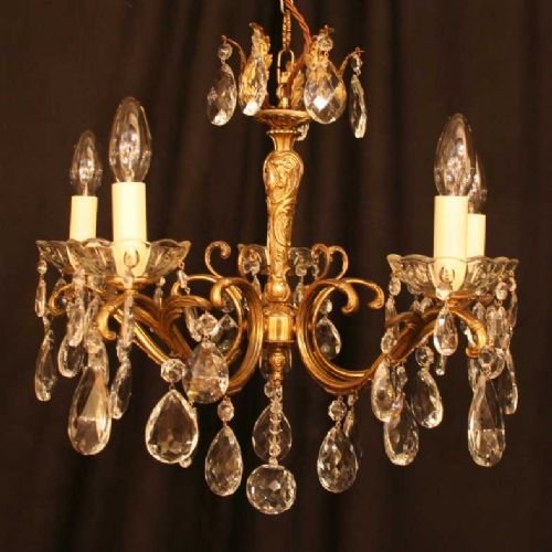 French Gilt & Cut Glass 5 Light Chandelier