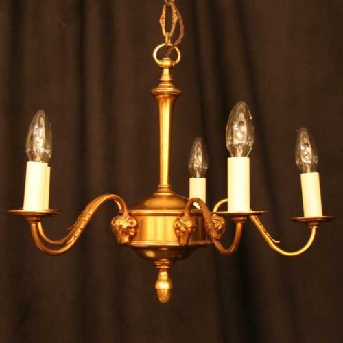 English Gilded Brass Ram 5 Light Chandelier