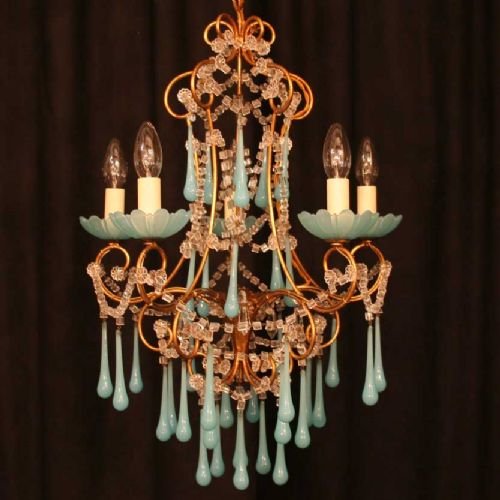 Italian Gilded 5 Light Turquoise Chandelier