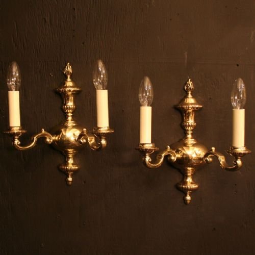English Pair of Cast Brass Twin Arm Wall Lights