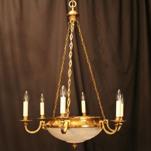 French 9 Light Gilded Brass and Alabaster Chandelier