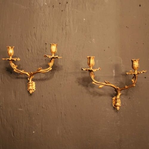 French Pair Twin Arm Ormolu Candle Wall Sconces