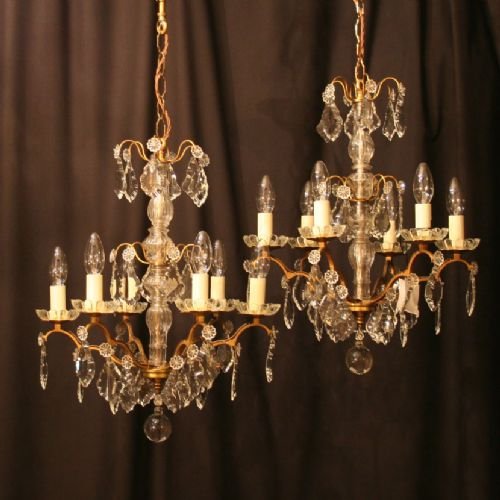 French Pair of Gilded 6 Light Chandeliers