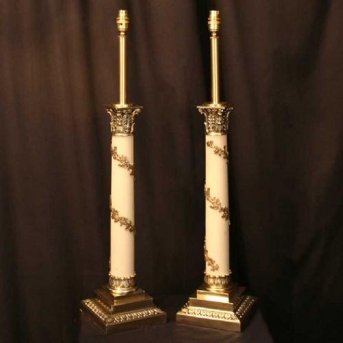English Pair of Brass & Enamel Table Lamps