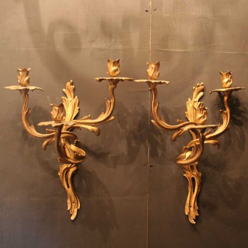 A French Pair of Gilded Triple Light Wall Sconces