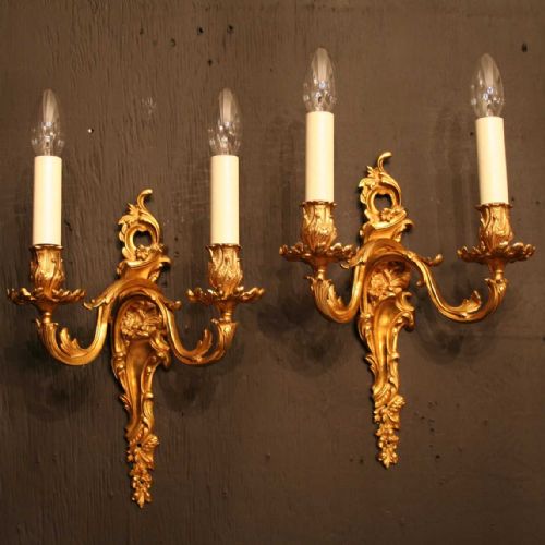 French Pair of Gilded Twin Arm Antique Wall Lights