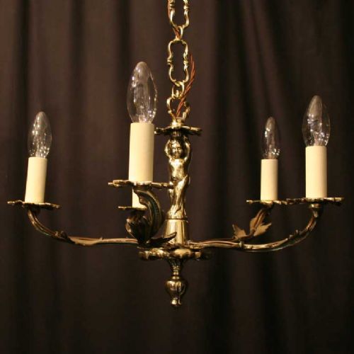 French Brass 5 Light Cherub Antique Chandelier
