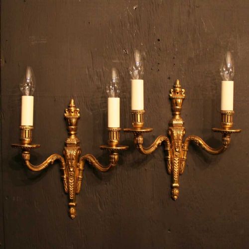 French Pair of Gilded Twin Arm Antique Wall Lights