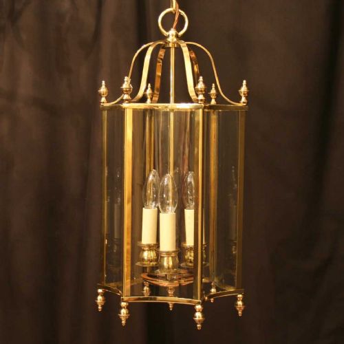 English Triple Light Brass Antique Hall Lantern