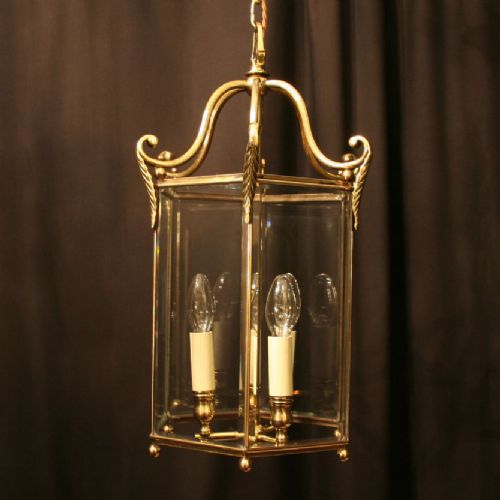 A French Brass Triple Light Antique Hall Lantern