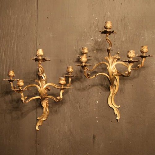 A French Pair of Brass 5 Light Antique Wall Sconces
