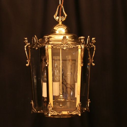 A French Brass Triple Light Antique Hall Lantern