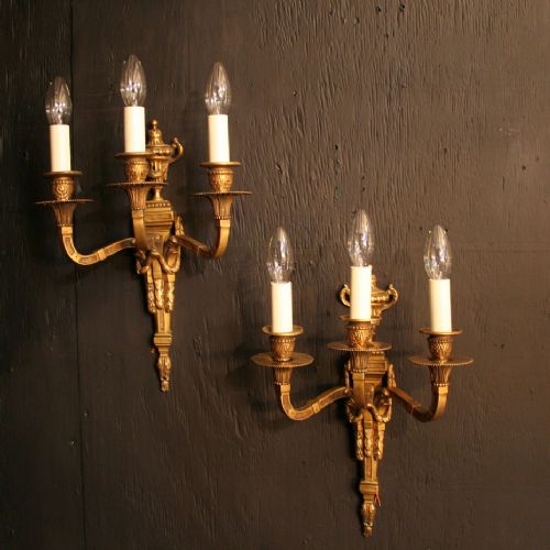 A French Pair of Gilded Triple Arm Antique Wall Lights