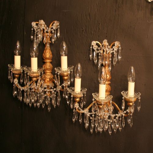 A French Pair of Triple Arm Giltwood Antique Wall Lights