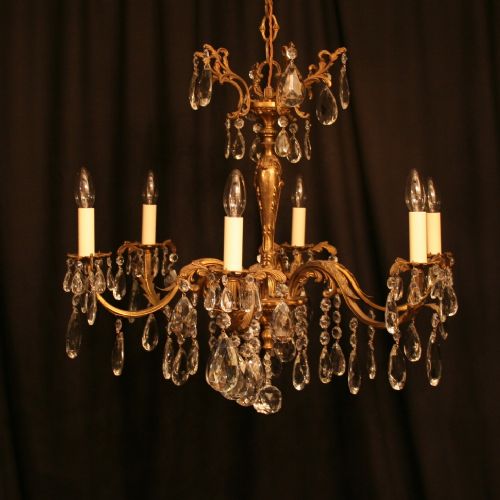 An Italian 6 Light Gilded Brass & Crystal Antique Chandelier
