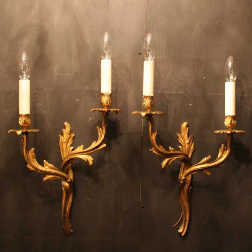 A French Pair of Gilded Cast Brass Twin Arm Antique Wall Lights