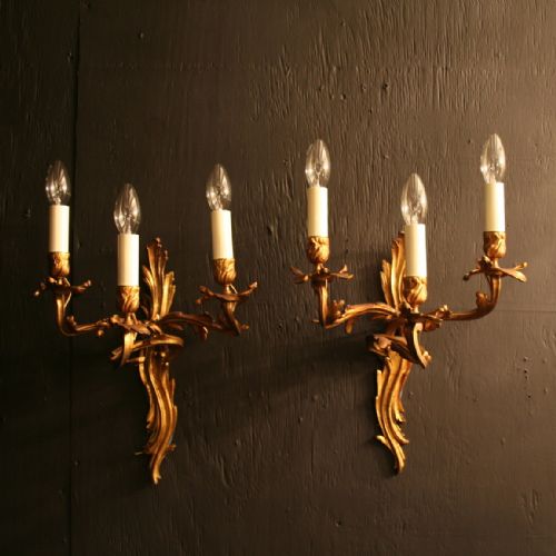 French Gilded Triple Arm Antique Wall Sconces